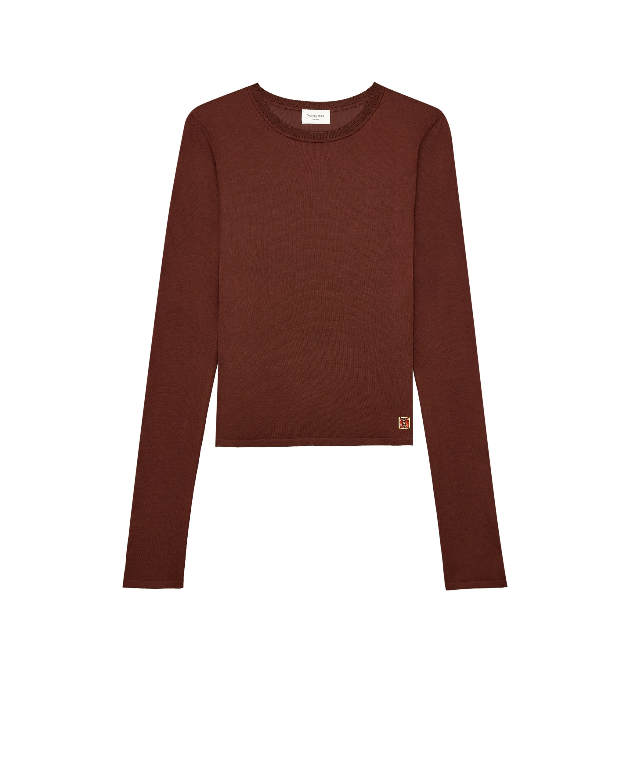 Saint Laurent Cassandre Sheer Top in Knit, Chocolat Beige Saint Laurent Cassandre Sheer Top in Knit, Chocolat | Tops