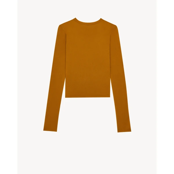 Orange Saint Laurent Cassandre Sheer Top in Knit, Curcuma, view 3 | Tops