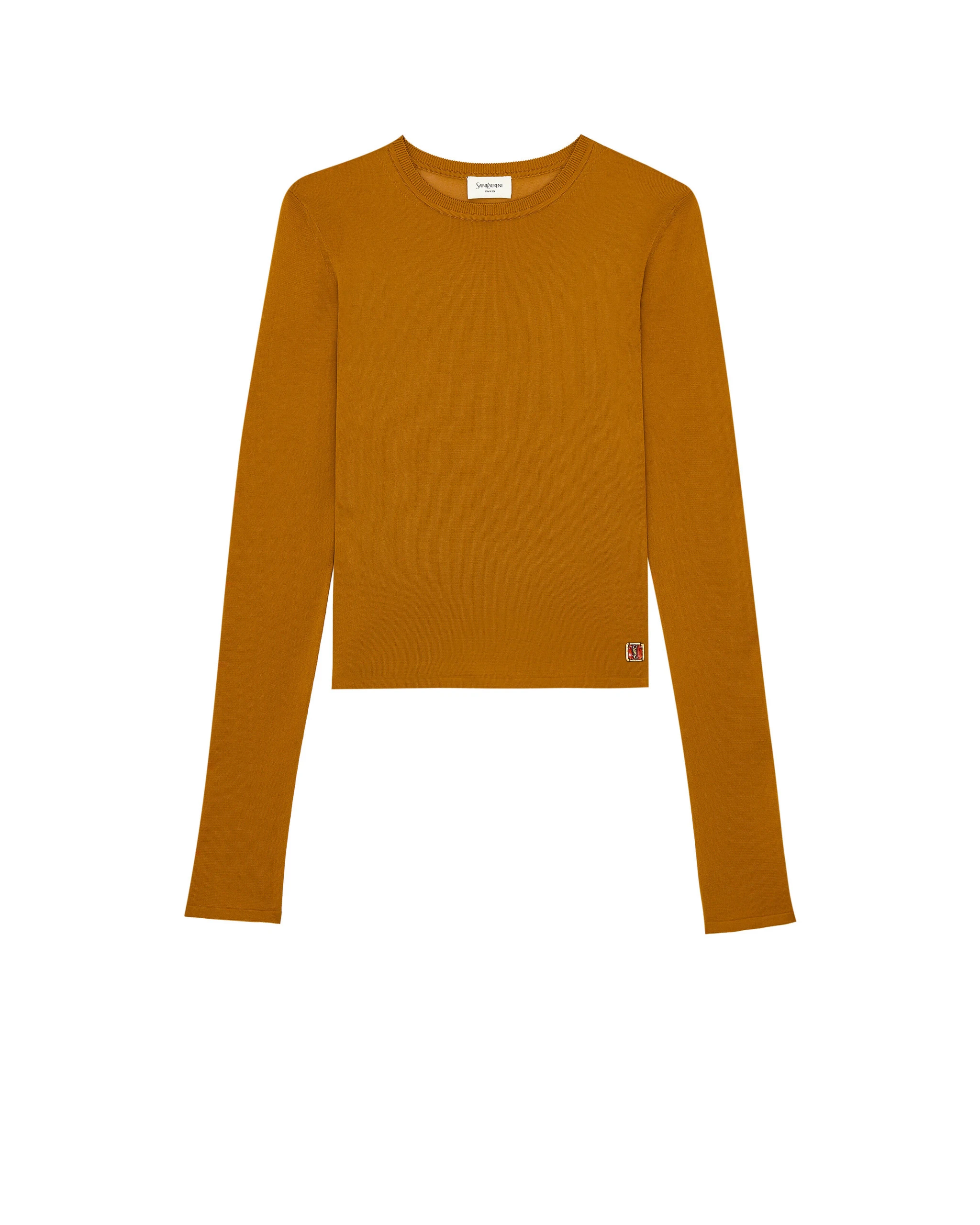 Saint Laurent Cassandre Sheer Top in Knit, Curcuma Orange Saint Laurent Cassandre Sheer Top in Knit, Curcuma | Tops