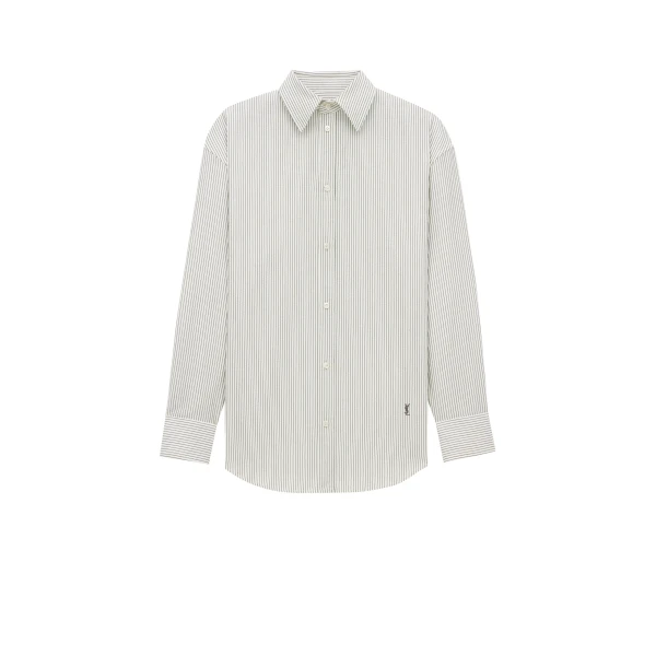 Grey Saint Laurent Cassandre Shirt in Striped Cotton Poplin, Craie Noir | Shirts