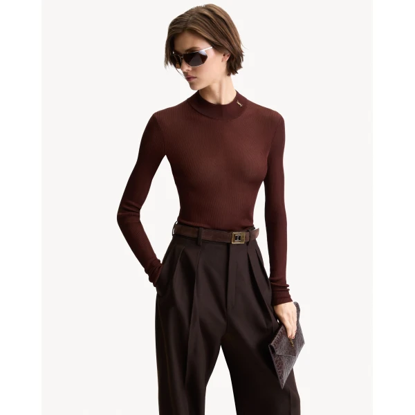 Beige Saint Laurent Cassandre Stand-Collar Top in Ribbed Silk, view 2 | Tops