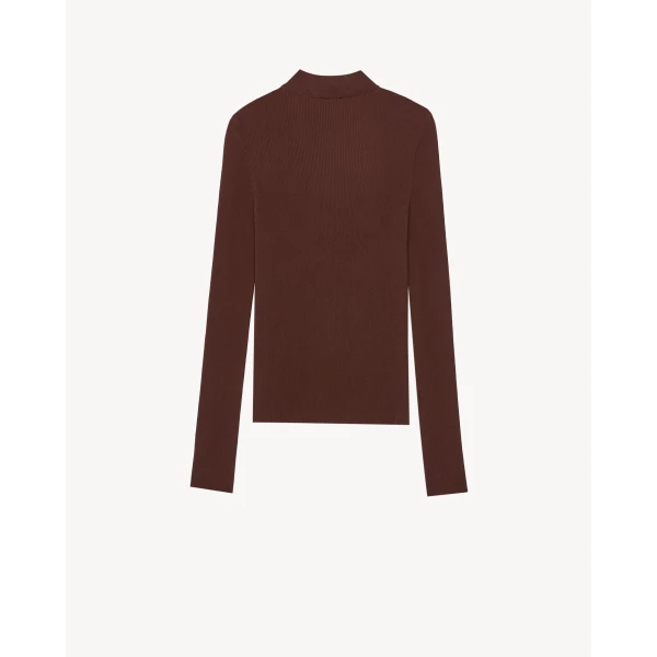 Beige Saint Laurent Cassandre Stand-Collar Top in Ribbed Silk, view 3 | Tops