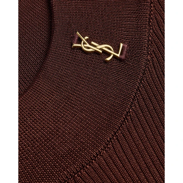 Beige Saint Laurent Cassandre Stand-Collar Top in Ribbed Silk, view 4 | Tops
