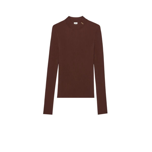 Beige Saint Laurent Cassandre Stand-Collar Top in Ribbed Silk | Tops