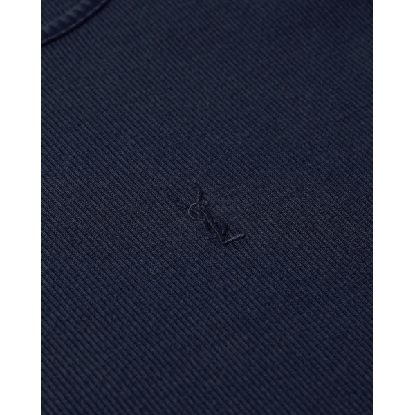 Blue Saint Laurent Cassandre Tank Top in Ribbed Cotton Jersey, Bleu Minuit, view 3 | Sleeveless