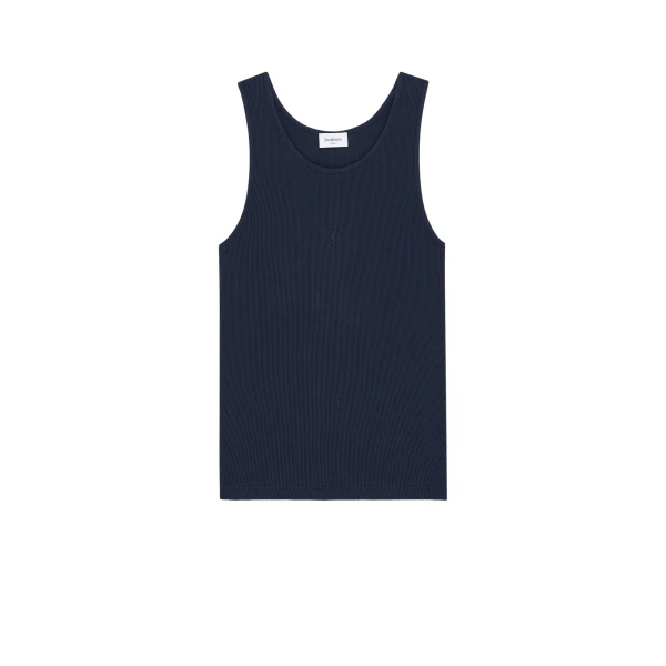 Blue Saint Laurent Cassandre Tank Top in Ribbed Cotton Jersey, Bleu Minuit | Sleeveless