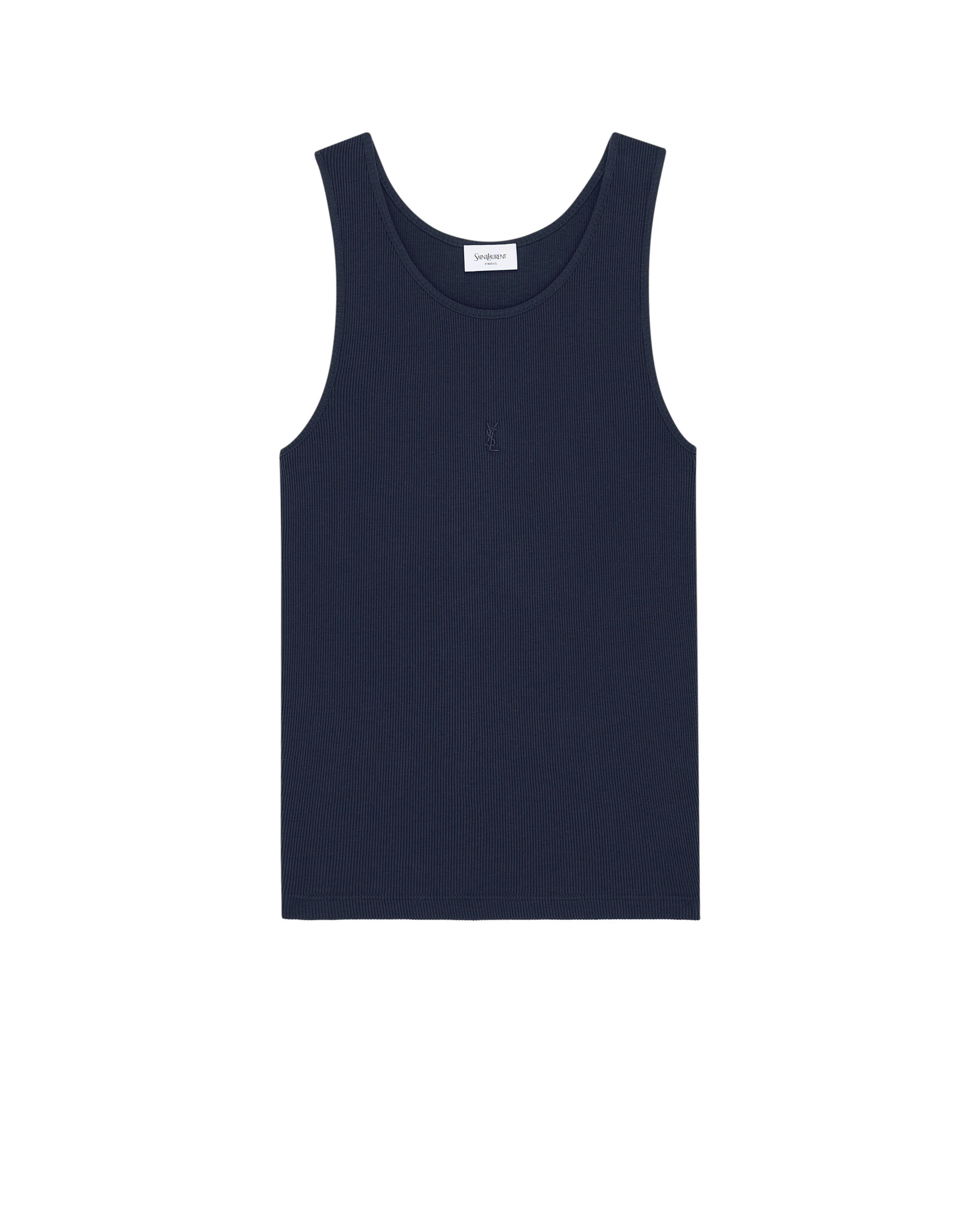 Saint Laurent Cassandre Tank Top in Ribbed Cotton Jersey, Bleu Minuit Blue Saint Laurent Cassandre Tank Top in Ribbed Cotton Jersey, Bleu Minuit | Sleeveless