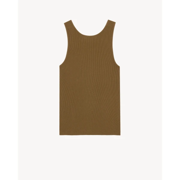 Beige Saint Laurent Cassandre Tank Top in Ribbed Cotton Jersey, Cognac, view 3 | Sleeveless