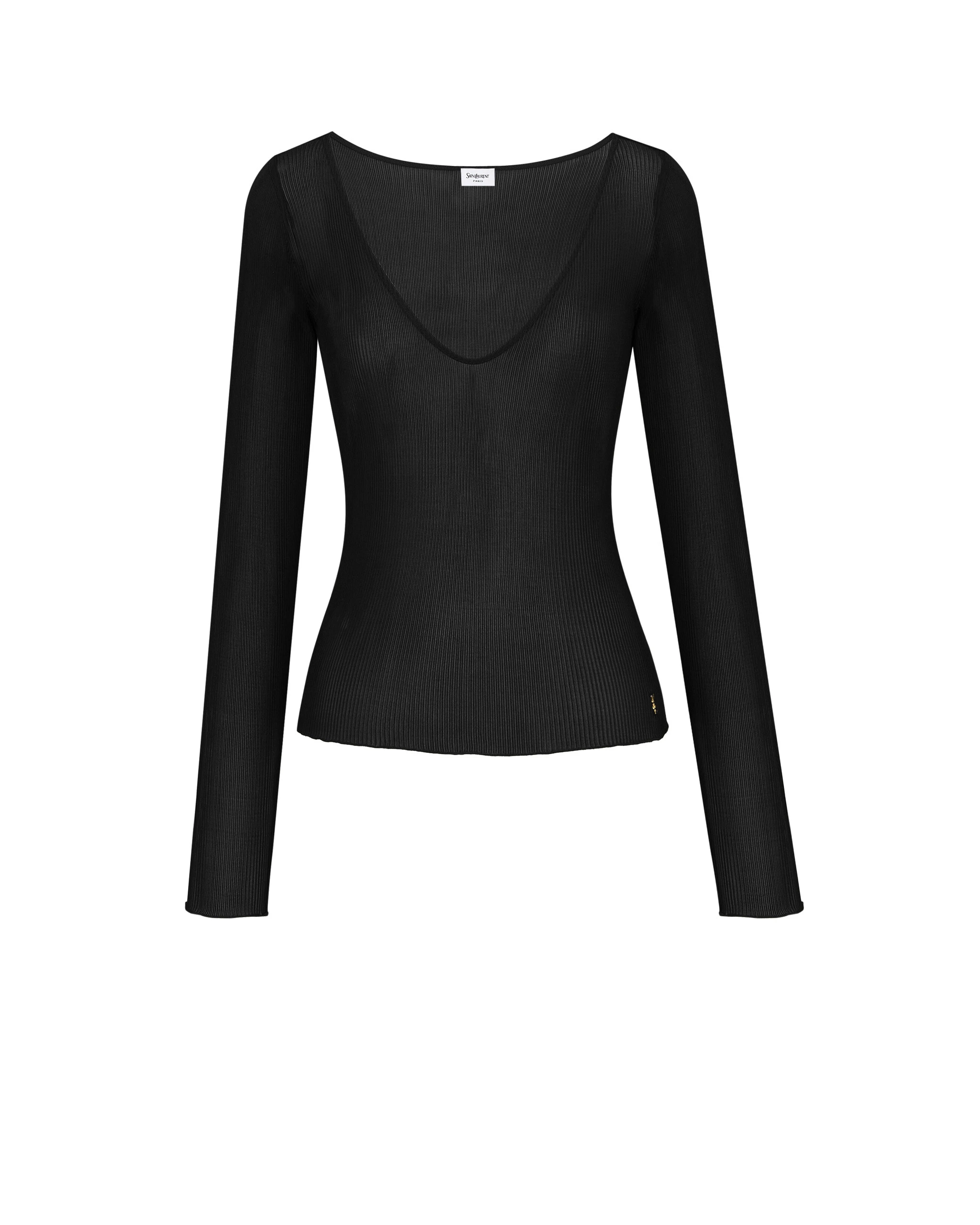 Saint Laurent Cassandre V-Neck Top in Ribbed Silk Black Saint Laurent Cassandre V-Neck Top in Ribbed Silk | Tops