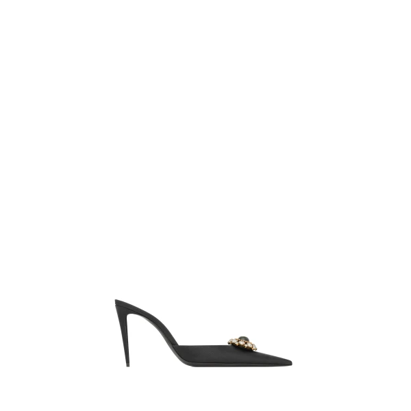 Black Saint Laurent Cosmo Mules in Satin and Crystals | Mules