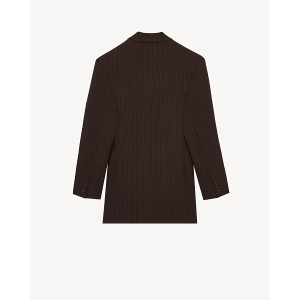 Multicolour Saint Laurent Double-Breasted Jacket in Chalk-Stripe Wool Mélange, Marron and Beige, view 2 | Blazers