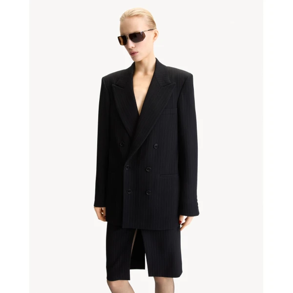 Multicolour Saint Laurent Double-Breasted Jacket in Chalk-Stripe Wool Mélange, Noir and Gris A006IT, view 2 | Blazers