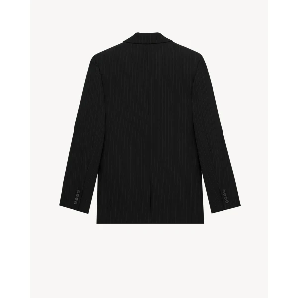 Multicolour Saint Laurent Double-Breasted Jacket in Chalk-Stripe Wool Mélange, Noir and Gris A006IT, view 3 | Blazers