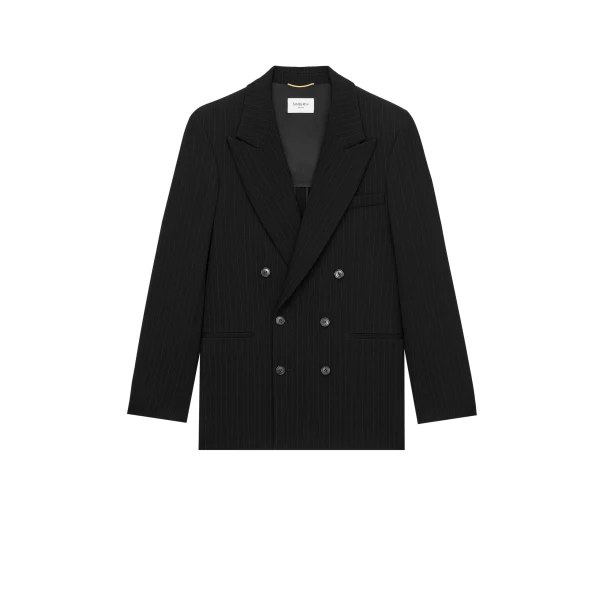 Multicolour Saint Laurent Double-Breasted Jacket in Chalk-Stripe Wool Mélange, Noir and Gris A006IT | Blazers