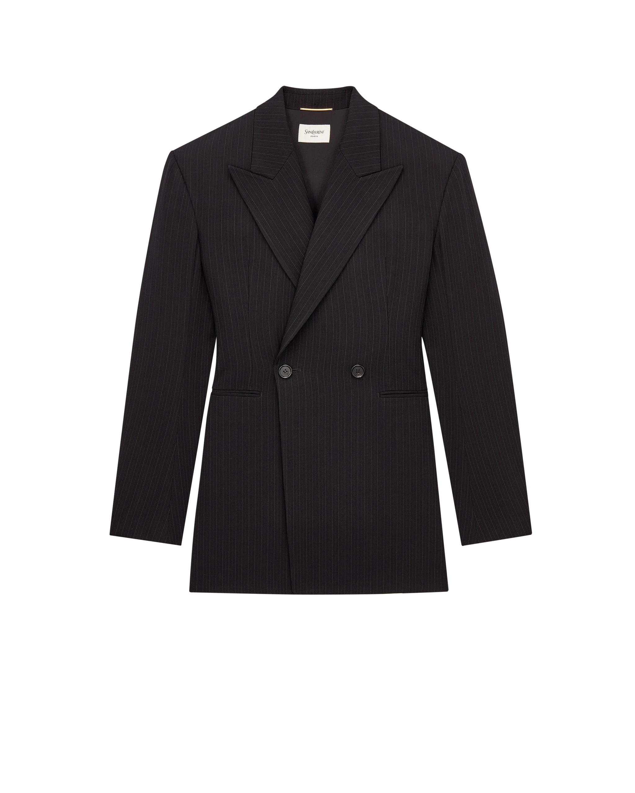 Saint Laurent Double-Breasted Jacket in Chalk-Stripe Wool Mélange, Noir and Gris A007RP Multicolour Saint Laurent Double-Breasted Jacket in Chalk-Stripe Wool Mélange, Noir and Gris A007RP | Blazers