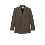 Beige Saint Laurent Double-Breasted Jacket in Herringbone Wool | Blazers