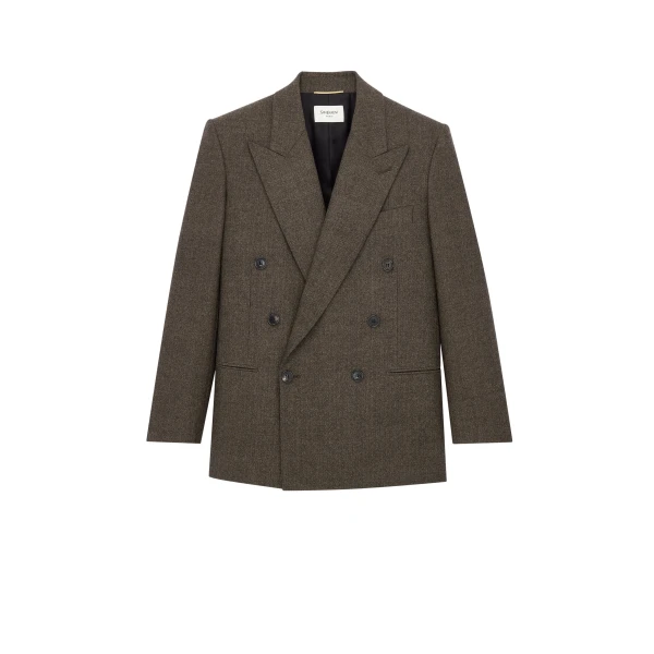 Beige Saint Laurent Double-Breasted Jacket in Herringbone Wool | Blazers