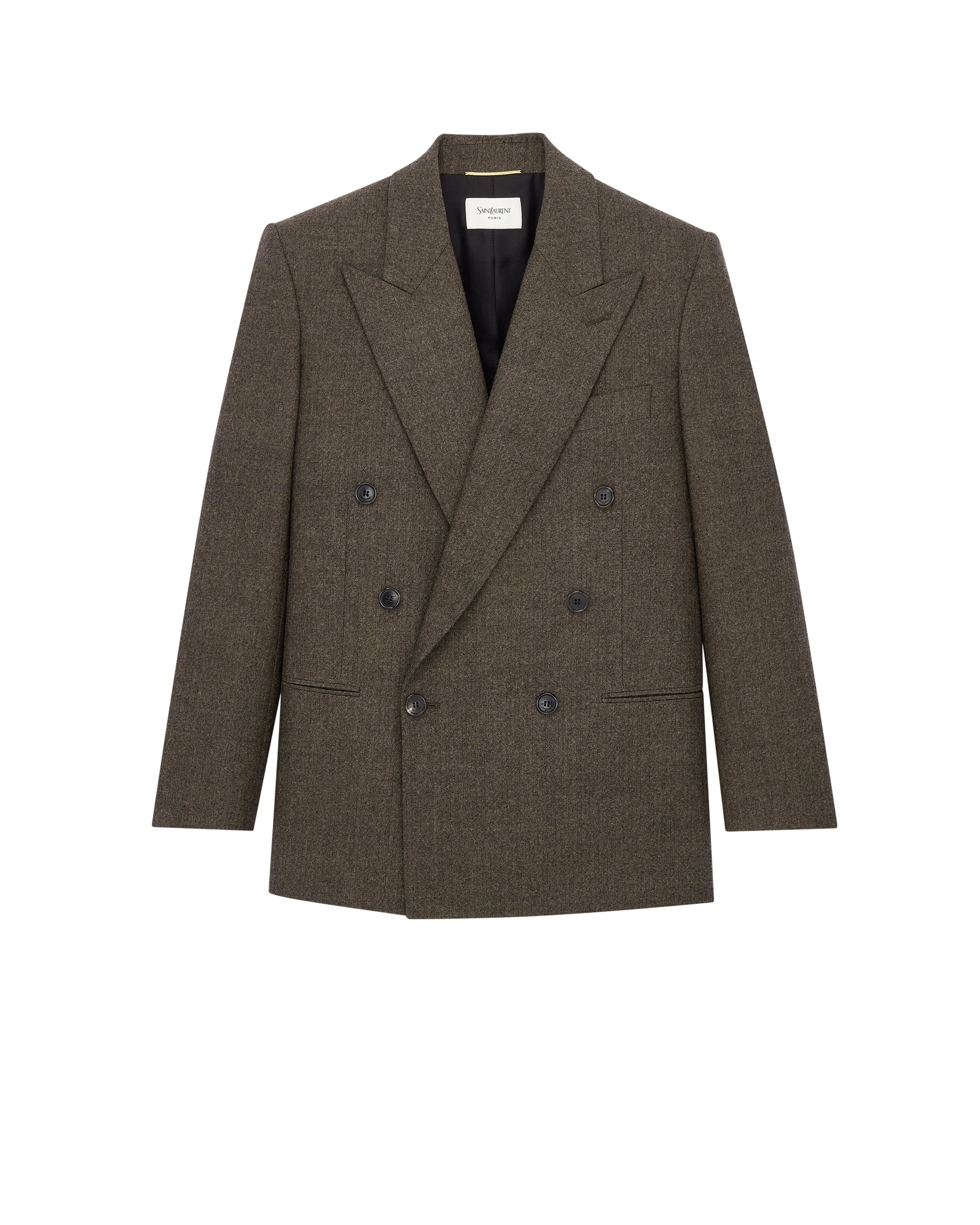 Saint Laurent Double-Breasted Jacket in Herringbone Wool Beige Saint Laurent Double-Breasted Jacket in Herringbone Wool | Blazers