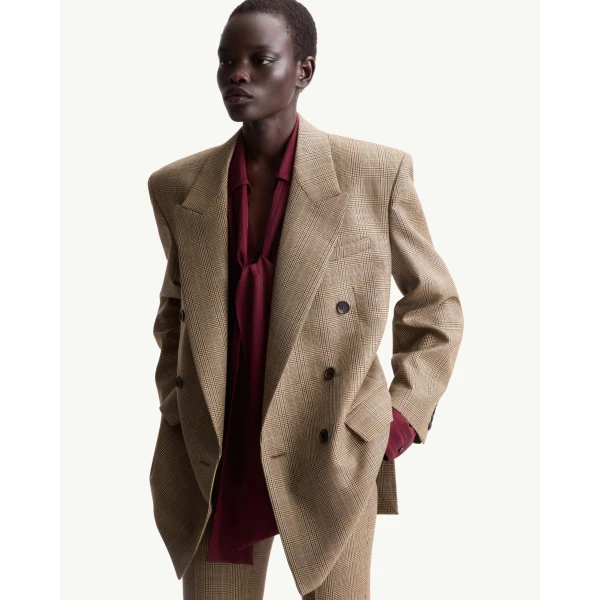 Beige Saint Laurent Double-Breasted Jacket in Prince of Wales Puppytooth Wool, view 2 | Blazers