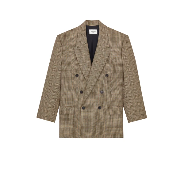 Beige Saint Laurent Double-Breasted Jacket in Prince of Wales Puppytooth Wool | Blazers