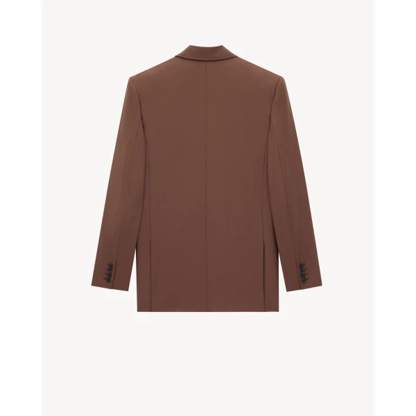 Beige Saint Laurent Double-Breasted Jacket in Wool Gabardine, Brun, view 2 | Blazers