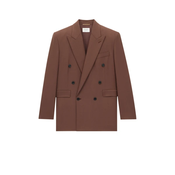 Beige Saint Laurent Double-Breasted Jacket in Wool Gabardine, Brun | Blazers