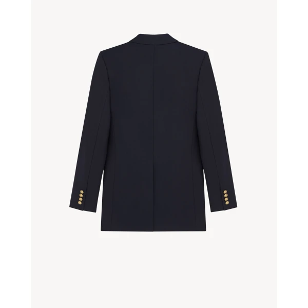 Blue Saint Laurent Double-Breasted Jacket in Wool Gabardine, Marine Fonce, view 3 | Blazers