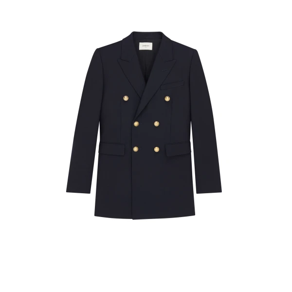 Blue Saint Laurent Double-Breasted Jacket in Wool Gabardine, Marine Fonce | Blazers