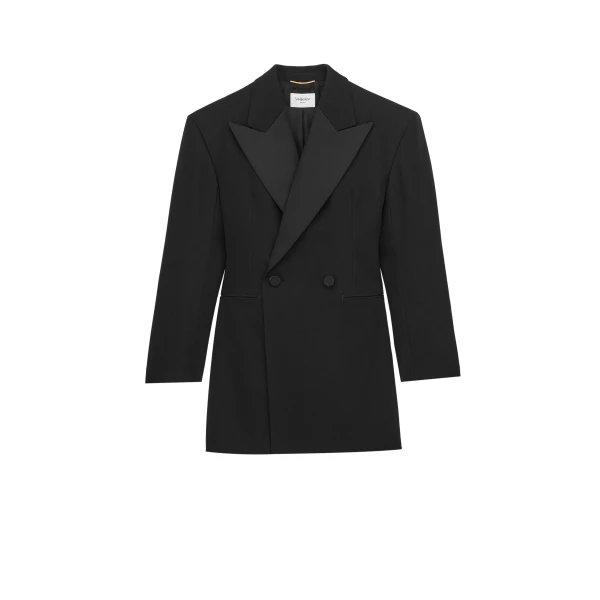 Black Saint Laurent Double-Breasted Tuxedo Jacket in Grain de Poudre | Blazers