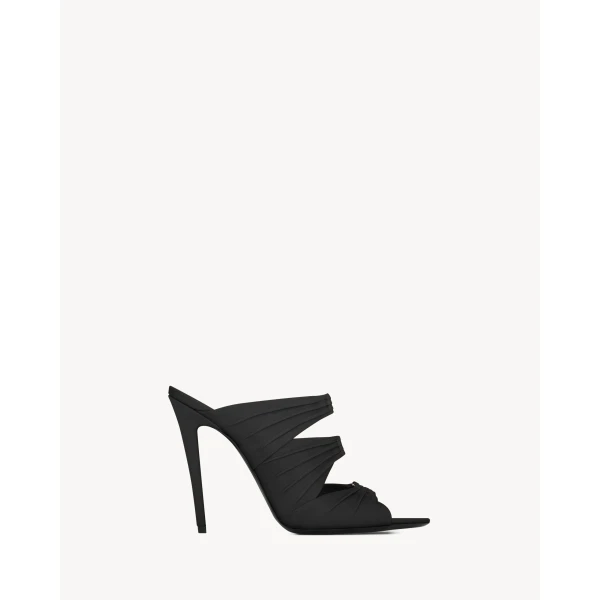 Black Saint Laurent Emilie Mules in Satin Crepe, Black, view 2 | Mules