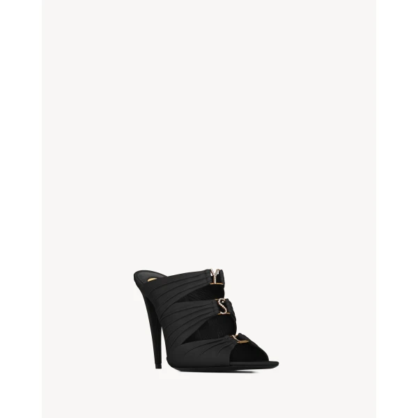 Black Saint Laurent Emilie Mules in Satin Crepe, Black, view 3 | Mules