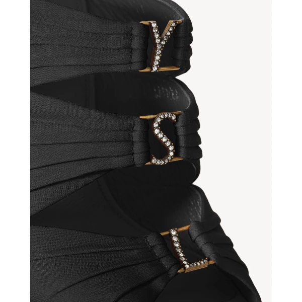 Black Saint Laurent Emilie Mules in Satin Crepe, Black, view 4 | Mules