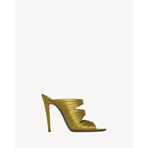 Metallic Saint Laurent Emilie Mules in Satin Crepe, Cuba Gold, view 2 | Mules