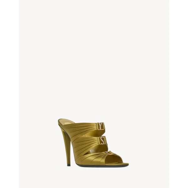 Metallic Saint Laurent Emilie Mules in Satin Crepe, Cuba Gold, view 3 | Mules