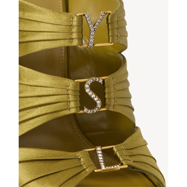 Metallic Saint Laurent Emilie Mules in Satin Crepe, Cuba Gold, view 4 | Mules