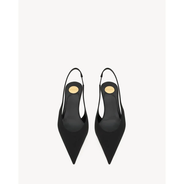 Black Saint Laurent Fanny Slingback Pumps in Satin Crepe, Black, view 2 | Heels