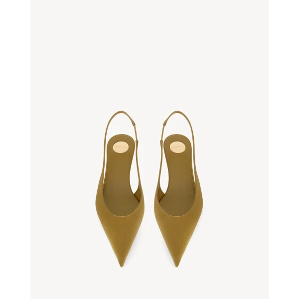 Metallic Saint Laurent Fanny Slingback Pumps in Satin Crepe, Cuba Gold, view 2 | Heels