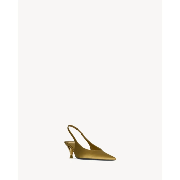 Metallic Saint Laurent Fanny Slingback Pumps in Satin Crepe, Cuba Gold, view 3 | Heels