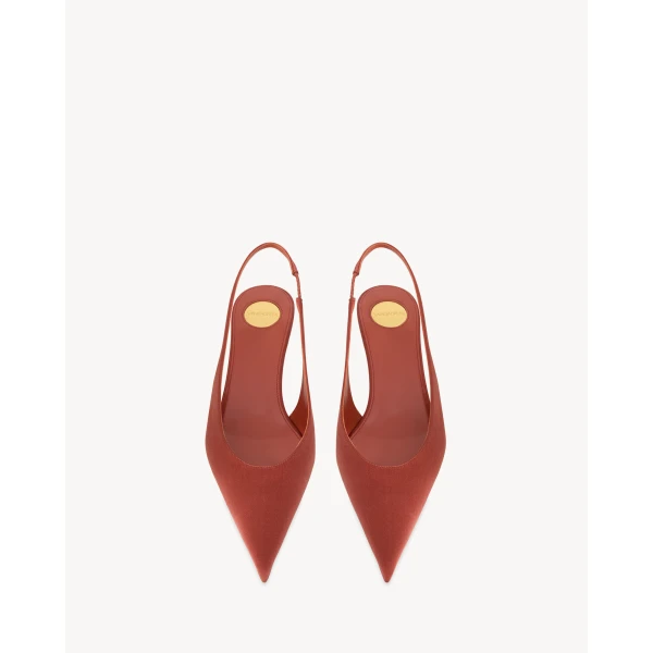 Red Saint Laurent Fanny Slingback Pumps in Satin Crepe, Dark Ruggine, view 2 | Heels