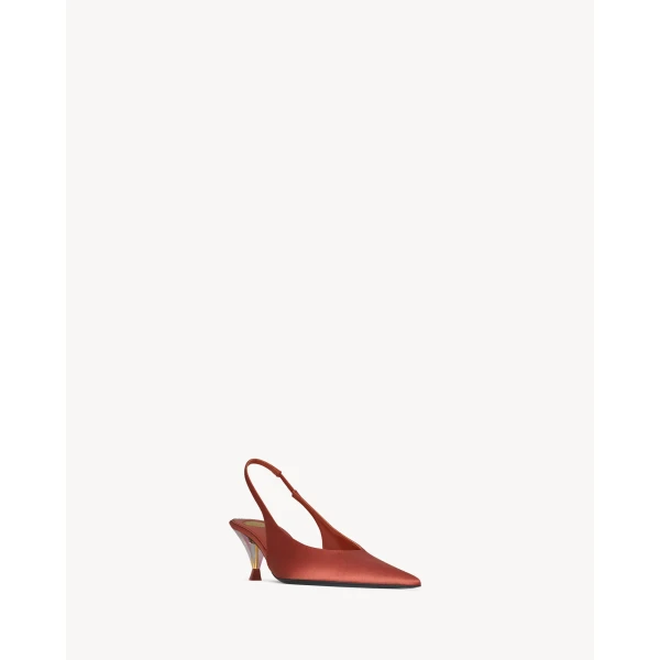 Red Saint Laurent Fanny Slingback Pumps in Satin Crepe, Dark Ruggine, view 3 | Heels
