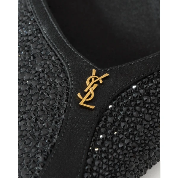 Black Saint Laurent Folie Slingback Pumps in Satin, Mesh, and Crystals, Black, view 4 | Heels