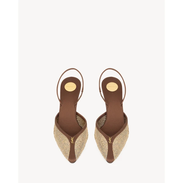 Multicolour Saint Laurent Folie Slingback Pumps in Satin, Mesh, and Crystals, Light Colorado Topaz and Pecan Brown, view 2 | Heels
