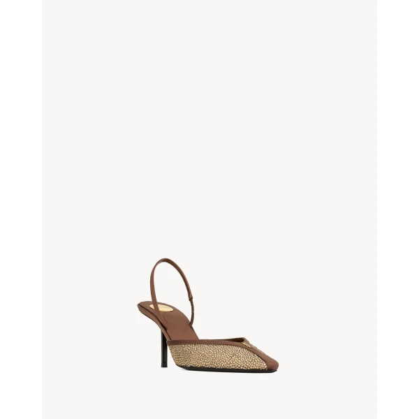 Multicolour Saint Laurent Folie Slingback Pumps in Satin, Mesh, and Crystals, Light Colorado Topaz and Pecan Brown, view 3 | Heels