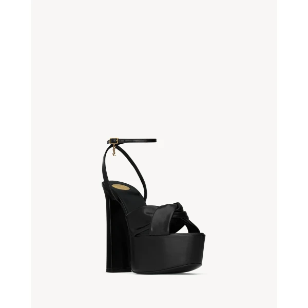 Black Saint Laurent Franciane Platform Sandals in Smooth Leather, Black, view 3 | Sandals