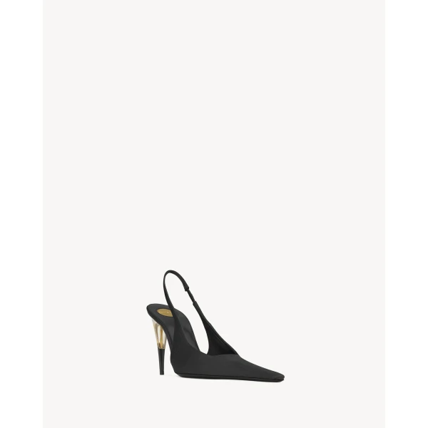 Black Saint Laurent Goya Slingback Pumps in Satin Crepe, Black, view 3 | Heels