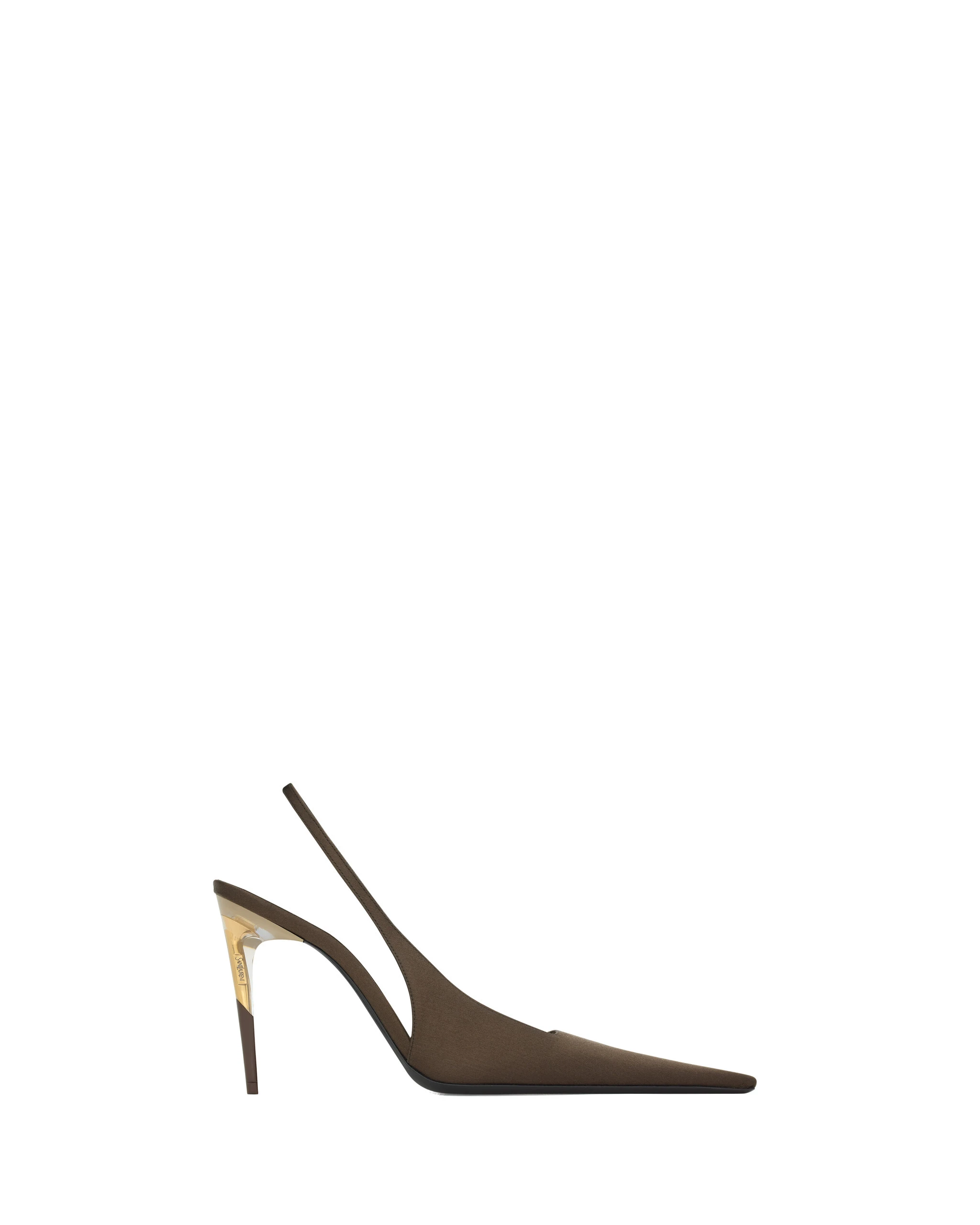 Saint Laurent Goya Slingback Pumps in Satin Crepe, Gloom Brown Brown Saint Laurent Goya Slingback Pumps in Satin Crepe, Gloom Brown | Heels