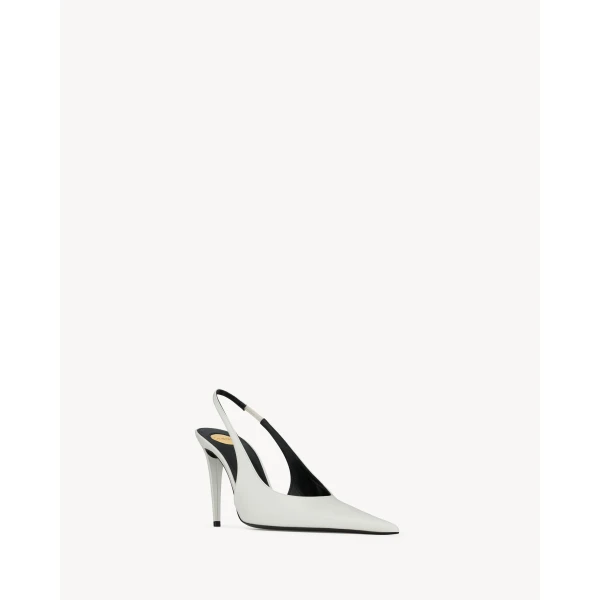 White Saint Laurent Guermantes Slingback Pumps in Patent Leather, White, view 3 | Heels