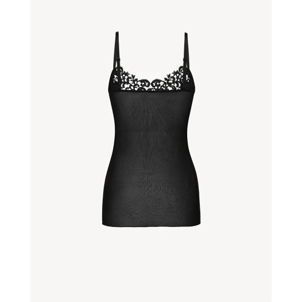 Black Saint Laurent Guipure Tank Top in Ribbed Silk, view 3 | Sleeveless