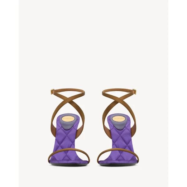 Multicolour Saint Laurent Ivresse Sandals in Satin Crepe and Crystals, Cognac and Tanzanite, view 2 | Sandals