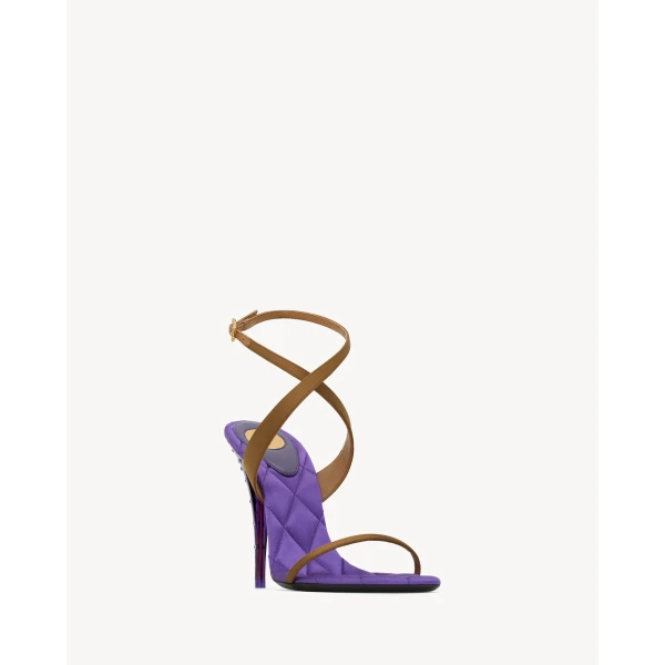 Multicolour Saint Laurent Ivresse Sandals in Satin Crepe and Crystals, Cognac and Tanzanite, view 3 | Sandals